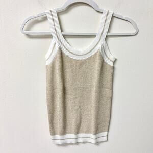 Valentino Metallic Sleeveless Scoop Neck Ribbed Tank Top Beige Womens Size 46/10